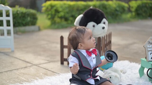 An adorable baby crawling on a soft white rug in an outdoor photoshoot setup, surrounded by decorative props such as a vintage telephone, wooden fence, stuffed toy, Eiffel Tower model, and date calend