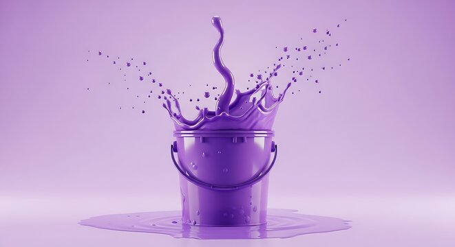 Purple paint splashing out of a bucket in a studio setting. - Powered by Adobe