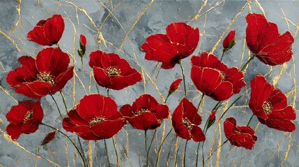 Elegant Red Poppy Floral Arrangement Against Textured Gray Background with Glittering Gold Veins Abstract Impressionist Style Wall Art Decor