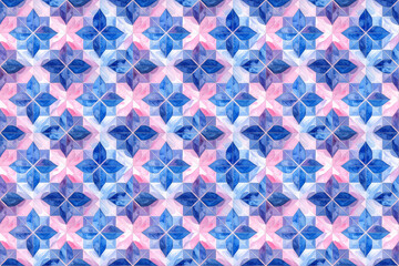 水彩画の青とピンクの幾何学模様、シームレスパターン背景