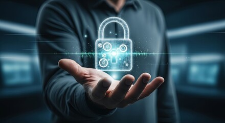 Businessman holding a glowing digital padlock hologram, symbolizing cybersecurity and data protection.