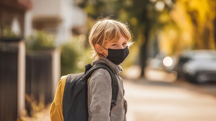 A child wearing a face mask returns to school during the COVID-19 lockdown and quarantine.