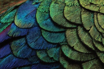 Obraz premium Iridescent Feather Texture in Shades of Green Blue and Gold with Intricate Patterns a Close Up Shot