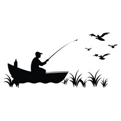 Silhouette of a lone fisherman casting his line from a small boat on the water with a flock of birds flying overhead in a peaceful outdoor scene