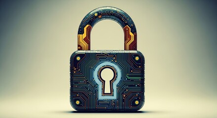 A stylized padlock featuring intricate circuit board patterns and a glowing blue keyhole, symbolizing digital security and encryption.