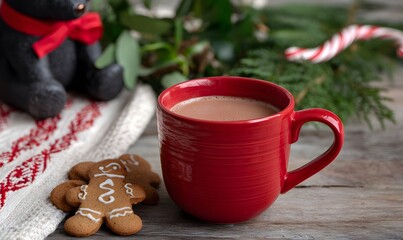 a red mug filled with hot chocolate, accompanied by gingerbread man cookies, sits on a wooden table against a christmas-themed background