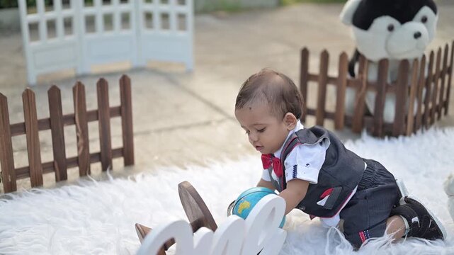 An adorable baby crawling on a soft white rug in an outdoor photoshoot setup, surrounded by decorative props such as a vintage telephone, wooden fence, stuffed toy, Eiffel Tower model, and date calend