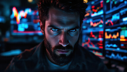 Intense algorithmic trader analyzing stock market data chart. Focused man in front of financial screen for business