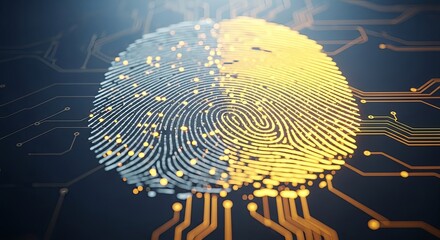 A glowing fingerprint shaped like a human brain on a circuit board, symbolizing digital identity and AI.