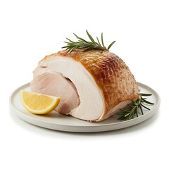 Roasted turkey breast with lemon and rosemary isolated on white background