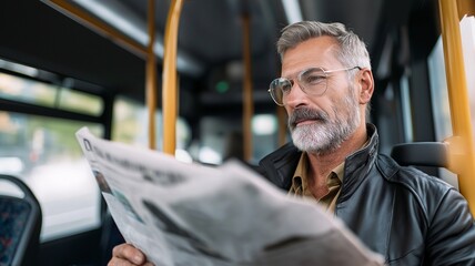 Fototapeta premium A man reading newspapers while sitting aboard a bus on his way to work.