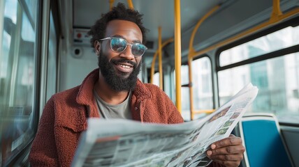 A man reading newspapers while sitting aboard a bus on his way to work.