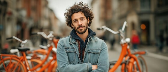 Obraz premium An adult man is standing outside on a street with a bicycle.