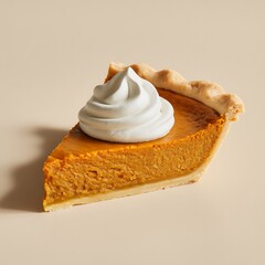 Slice of pumpkin pie with whipped cream topping