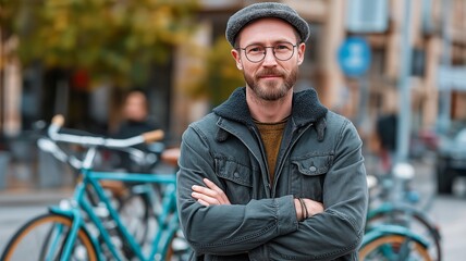 An adult man is standing outside on a street with a bicycle.
