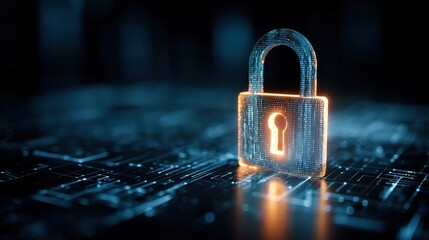 A glowing digital padlock set against a dark, tech-themed background, symbolizing cybersecurity and data protection.