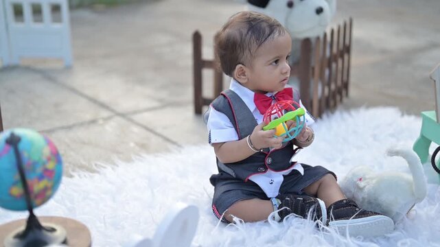 An adorable baby crawling on a soft white rug in an outdoor photoshoot setup, surrounded by decorative props such as a vintage telephone, wooden fence, stuffed toy, Eiffel Tower model, and date calend