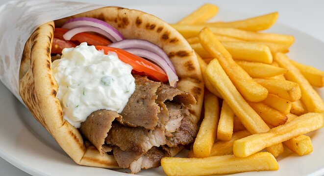 Close-up of a Greek gyro with fries on a white plate