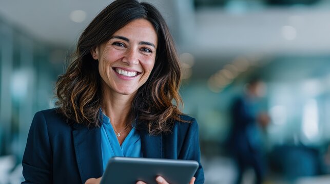 A professional woman smiles while holding a tablet, exuding confidence and approachability in a modern office setting.