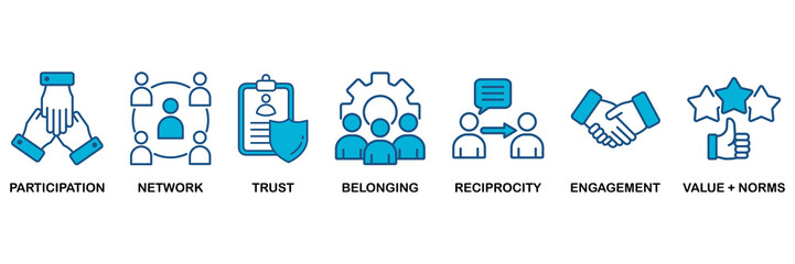 Social capital icon set Blue Monochrome Flat Design concept for for the interpersonal relationship with an icon of participation, network, trust, belonging, reciprocity, engagement, and values norm