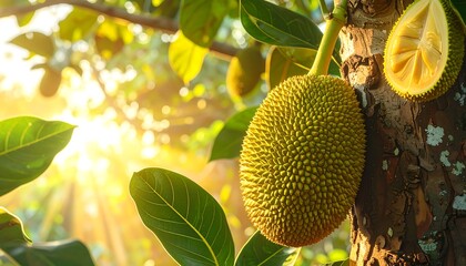 Close-up of a jackfruit growing on a tree, sunbeams shining through leaves
