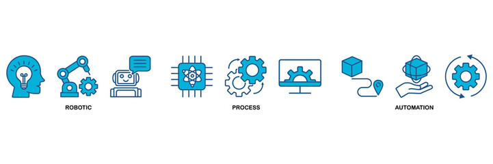 RPA icon set Blue Monochrome Flat Design concept for for robotic process automation innovation technology with an icon of robot, ai, artificial intelligence, automation, process, conveyor, and process