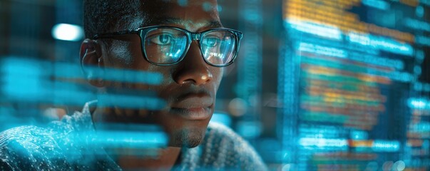 A focused individual analyzes data on a screen, surrounded by digital code and vibrant graphics, highlighting a tech-driven environment.