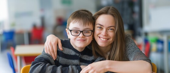 A young student with Down syndrome and his tutor share a grin inside the classroom.