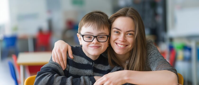 A young student with Down syndrome and his tutor share a grin inside the classroom.