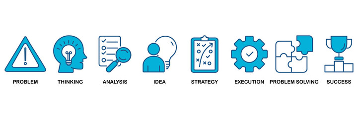 Solution icon set Blue Monochrome Flat Design concept for with icons of problem, thinking, analysis, idea, strategy, execution, problem-solving, success