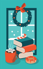 christmas greeting card, books. cocoa cup, snow flake