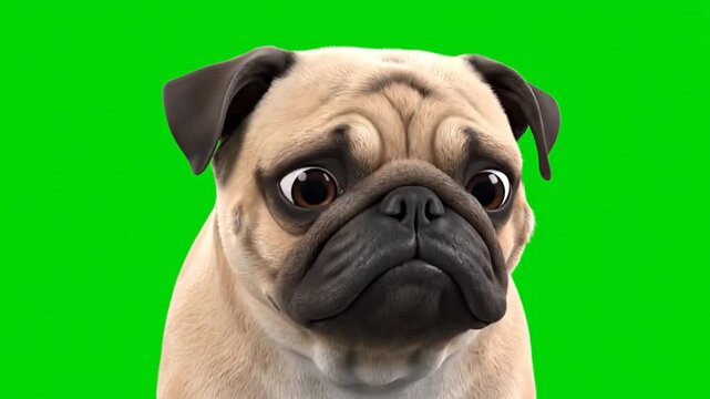 Grumpy 3D Pug Snorts! Funny Animated Character with a Wrinkly Face on Green Screen