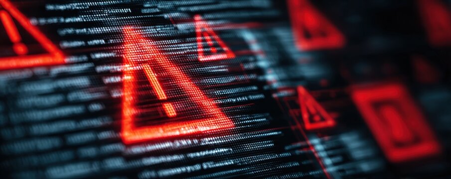 A close-up view of digital code displaying warning symbols in red, suggesting themes of cybersecurity and data alerts. - Powered by Adobe
