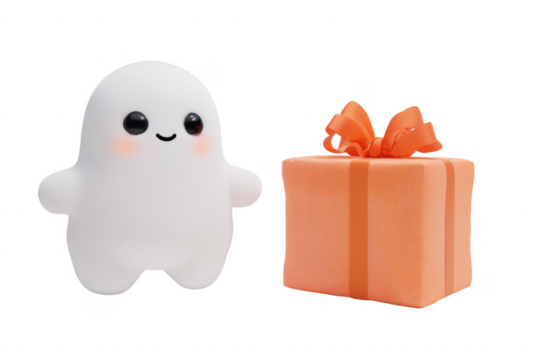 Cute ghost with orange gift isolated on a transparent background