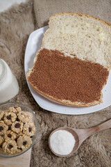 Bread with choco and butter on a plate for breakfast	
