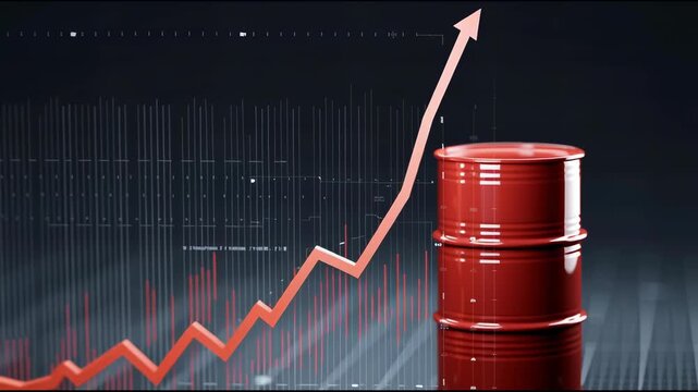 Oil price forecast with dramatic upward trend, red barrel, rising graph, and upward arrow indicating market growth, volatility, and financial optimism