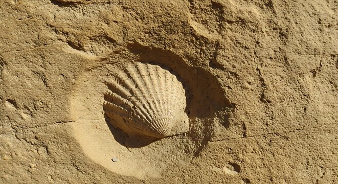 Close-up of a fossilized shell embedded in layered sandstone, illuminated by natural sunlight