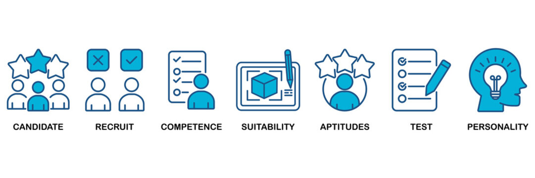 Assessment center icon set Blue Monochrome Flat Design concept for for personal audit of human resources with icon of user candidate, recruit, competence, suitability, aptitudes, test and personality