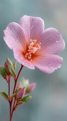 Obraz premium Macro close up of a delicate pink flower covered in dew drops with a soft focus blurred background in the morning light