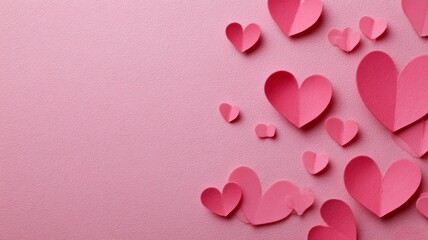 Delicate valentine's day composition with pink paper hearts on soft pink background, romantic february 14th flat lay for love-themed cards, invitations, and festive decorations