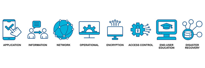 Cyber security icon set Blue Monochrome Flat Design concept for application, information, network, operational, encryption, access control, end-user education and disaster recovery
