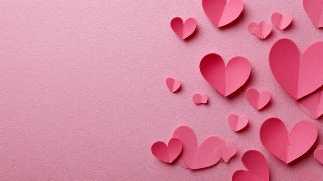 Delicate valentine's day composition with pink paper hearts on soft pink background, romantic february 14th flat lay for love-themed cards, invitations, and festive decorations