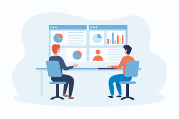 Two people collaborating and analyzing data charts and graphs on a digital dashboard