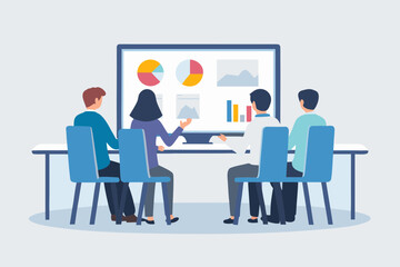 Diverse team of professionals collaborating in a modern office meeting room analyzing charts on a large screen