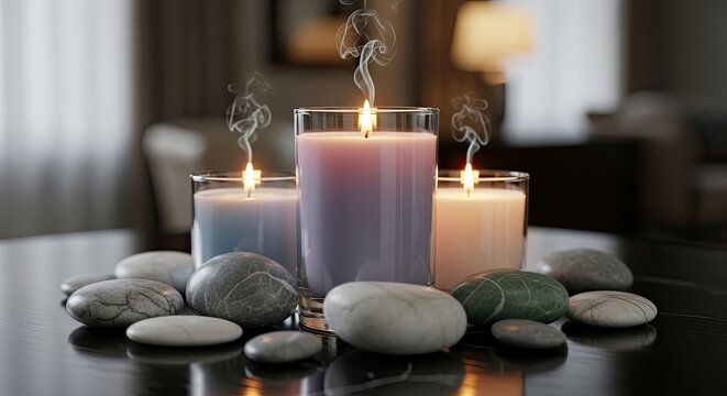 Create a serene atmosphere with the soft glow of elegant candles and smooth stones for a calming spa ambiance and tranquil home decor, perfect for wellness and relaxation - Powered by Adobe