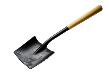 Metal shovel with wooden handle isolated on a transparent background