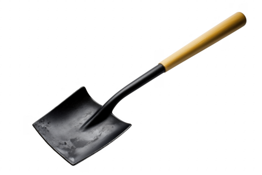 Metal shovel with wooden handle isolated on a transparent background