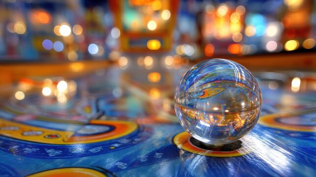 A crystal ball rests on a vibrant pinball machine, reflecting colorful lights and patterns in a playful, nostalgic arcade environment.