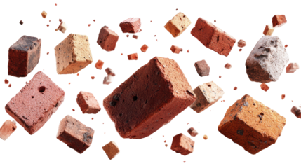 Floating Bricks and Small Pieces of Bricks isolated on transparent background Remove png, Clipping Path, pen tool