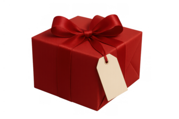 Red gift box with ribbon and blank tag, celebrating a special occasion, isolated on transparent background